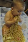 spaghetti food sensory play infant/baby. baby-brain.co.uk psychology perspective, resource, blog, motherhood and babies