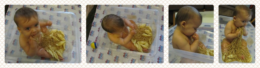 spaghetti food sensory play infant/baby. baby-brain.co.uk psychology perspective, resource, blog, motherhood and babies