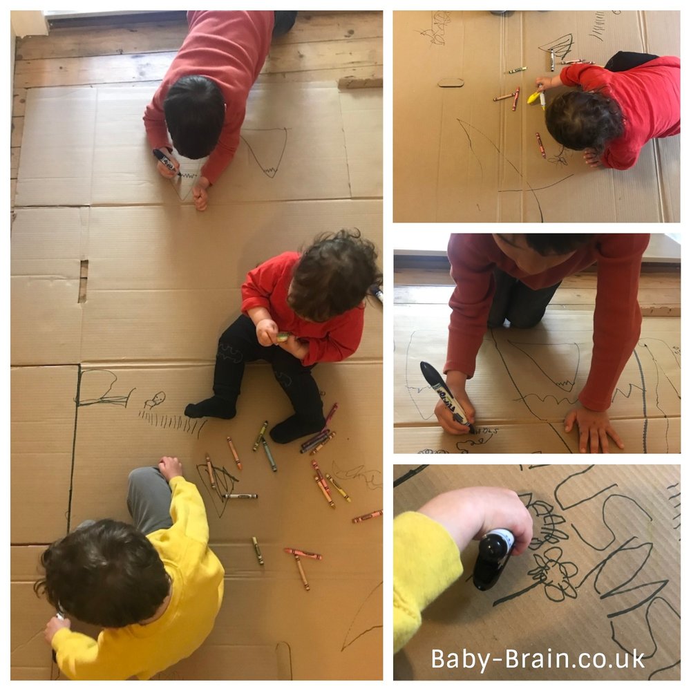 Cardboard box drawing - Inside activities for kids! Rainy day, lockdown, isolation - great play ideas for kids, babies, toddlers, preschool