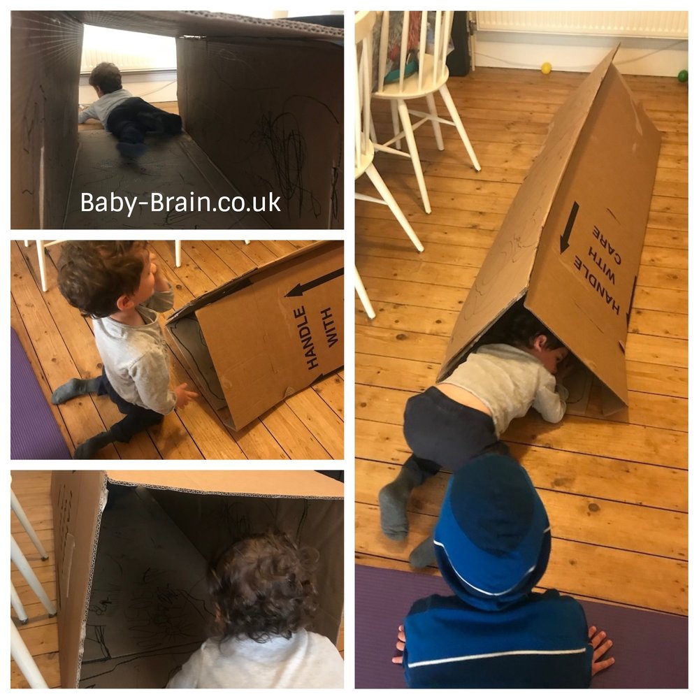 Cardboard box tunnel fun crawling - Inside activities for kids! Rainy day, lockdown, isolation - great play ideas for kids, babies, toddlers, preschool